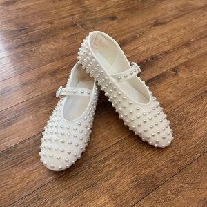 White Pearl Embellished Mary Jane Flats
